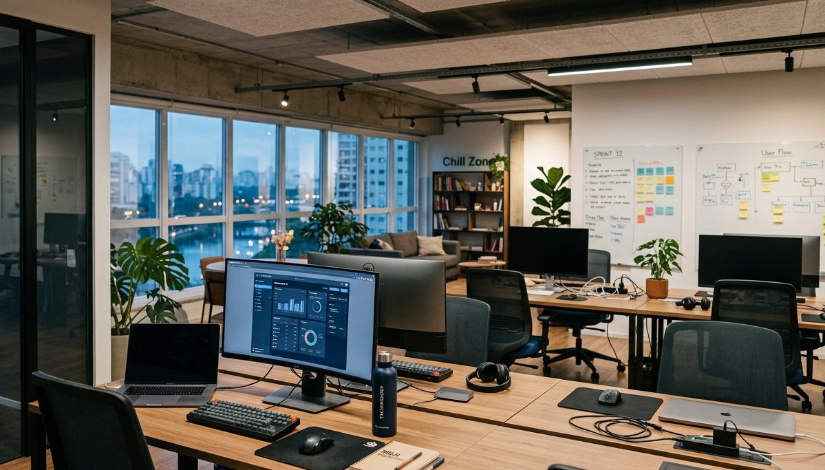 Escritório da Fynext em São Paulo com sprint board e monitores